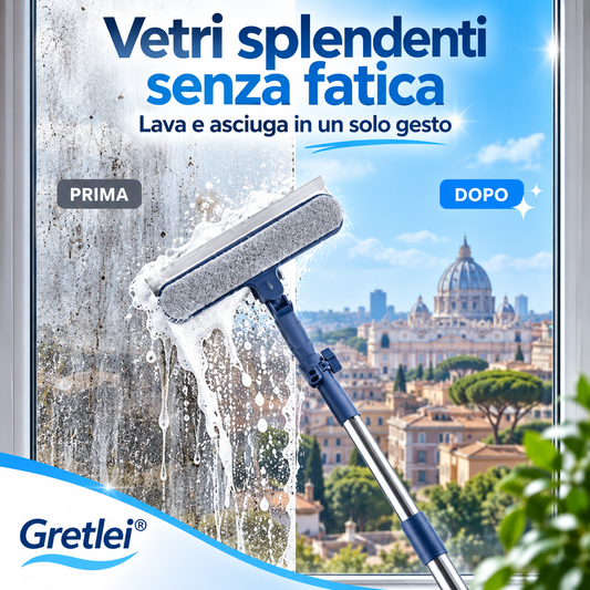 Tergivetro per Finestre con Manico Telescopico 120 cm | Spugna + Lama Raschiante 2 in 1 🧽 | Finestre in Alto Pulite Senza Aloni, Senza Uscire 🏙️ | Leggero, PP e Ferro, 447 g ✨