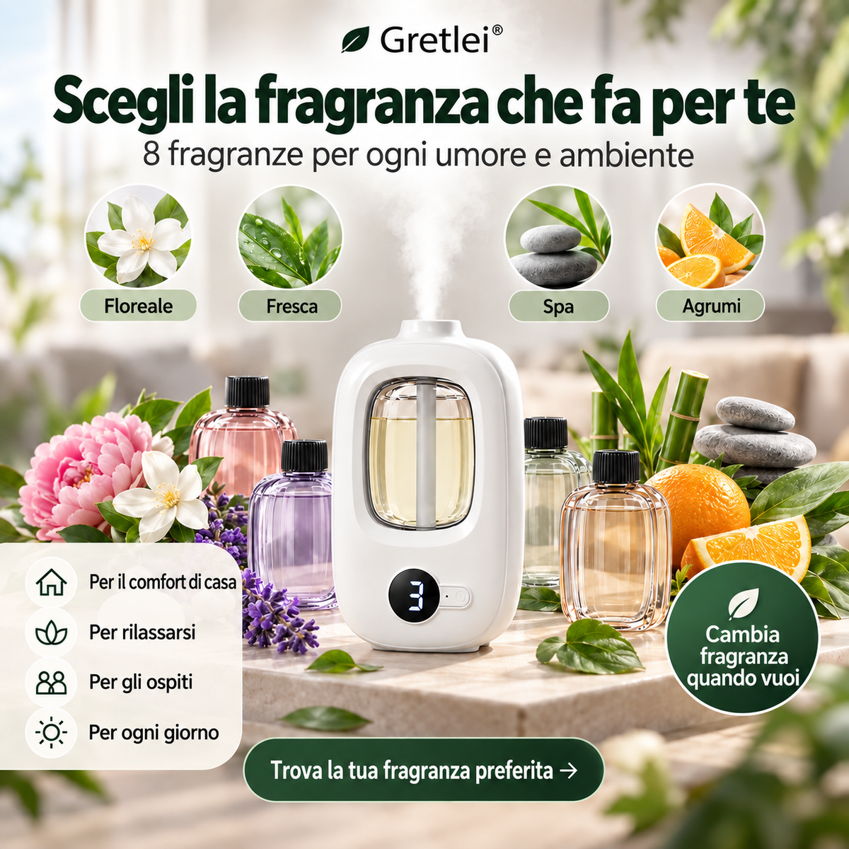 🌿 Diffusore di aromi intelligente – 8 fragranze, 4 livelli, lampada notturna. Aria fresca in tutte le stanze! ✨💨