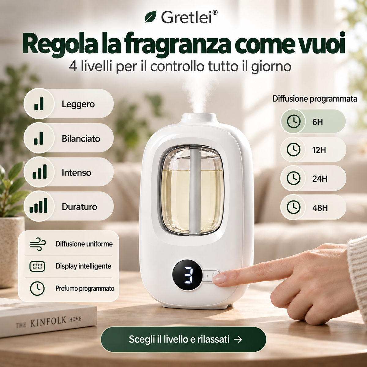 🌿 Diffusore di aromi intelligente – 8 fragranze, 4 livelli, lampada notturna. Aria fresca in tutte le stanze! ✨💨