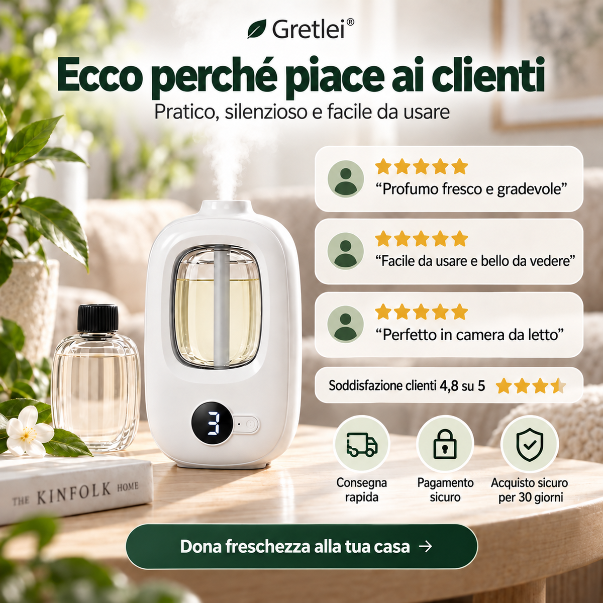 🌿 Diffusore di aromi intelligente – 8 fragranze, 4 livelli, lampada notturna. Aria fresca in tutte le stanze! ✨💨