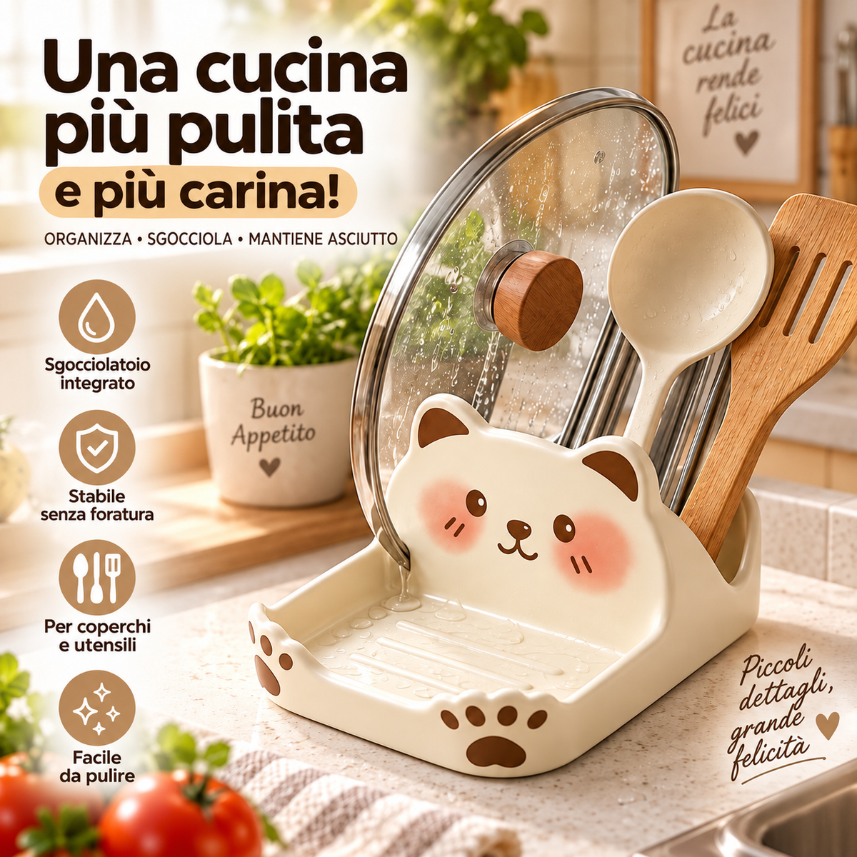 Portacoperchi a forma di gatto carini, realizzati in materiale effetto ceramica