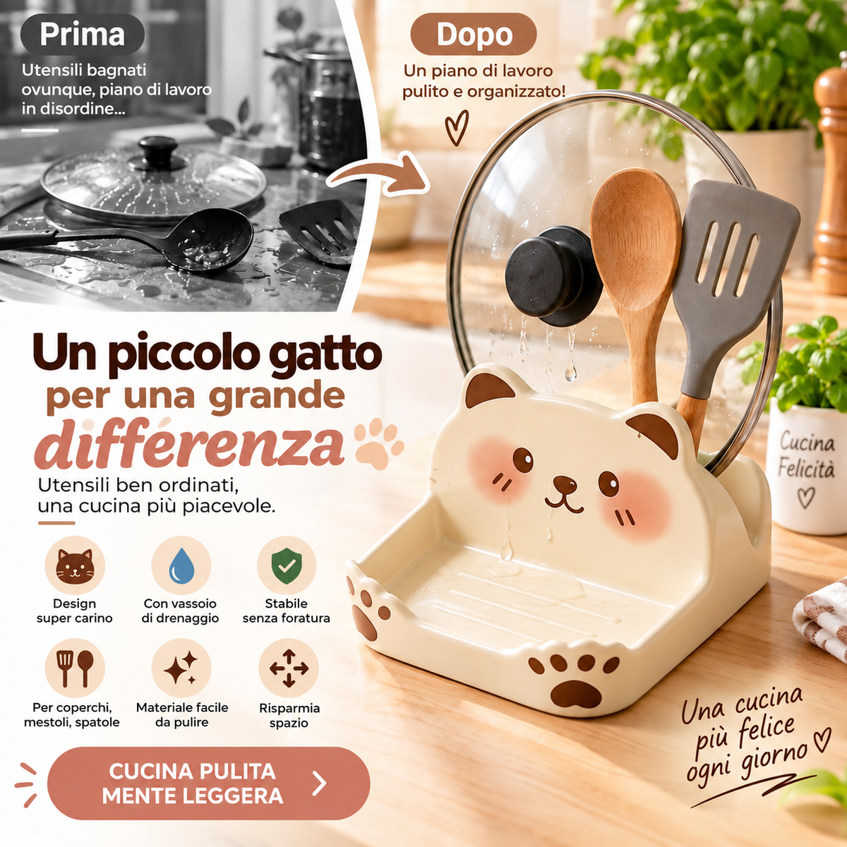 Portacoperchi a forma di gatto carini, realizzati in materiale effetto ceramica
