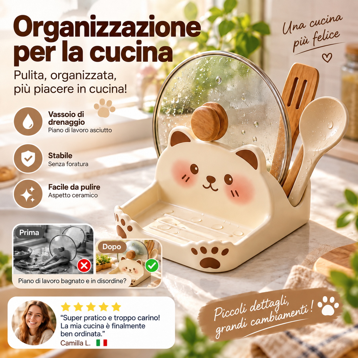 Portacoperchi a forma di gatto carini, realizzati in materiale effetto ceramica