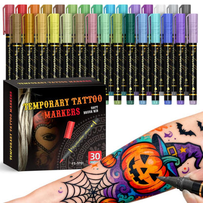 Pennarelli cosmetici per tatuaggi temporanei sulla pelle, 10/15 colori vivaci, punta a pennello flessibile, dettagli precisi, trucco viso per Halloween, atossici, per scrittura e cancelleria