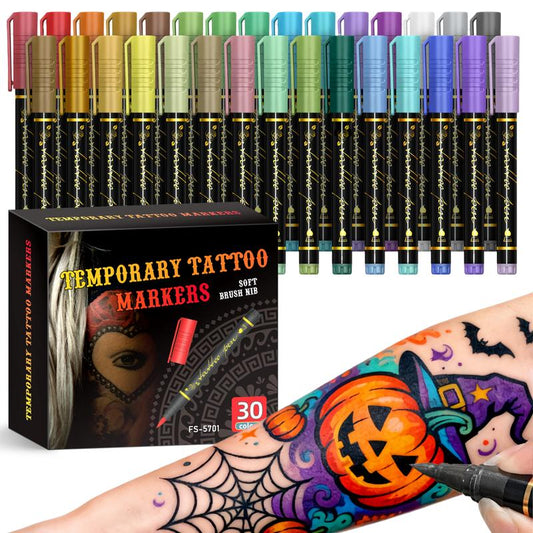 Pennarelli cosmetici per tatuaggi temporanei sulla pelle, 10/15 colori vivaci, punta a pennello flessibile, dettagli precisi, trucco viso per Halloween, atossici, per scrittura e cancelleria