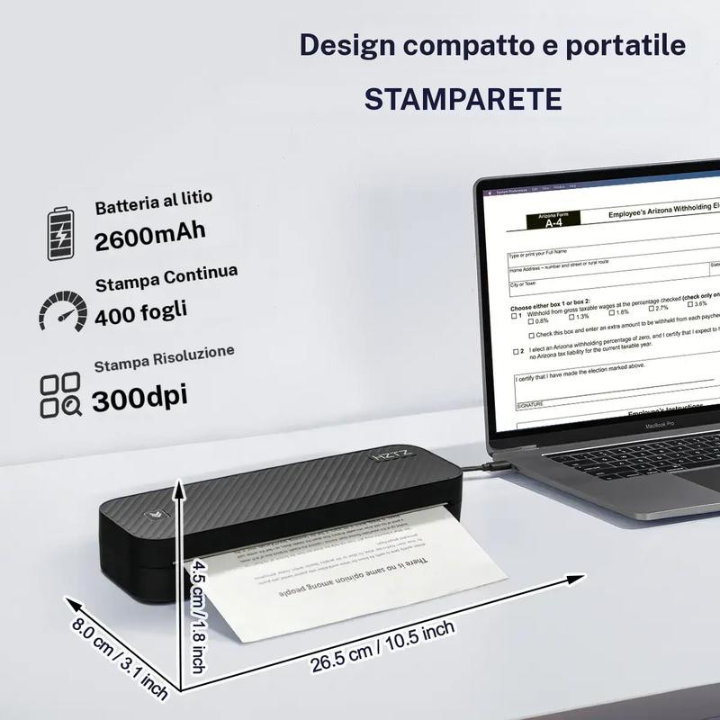 🖨️📱 Stampante Portatile A4 Wireless Bluetooth – Ricarica USB, Carta Termica, Compatibile Windows & Mac, Ideale per Viaggio & Ufficio – Include 200 Fogli 💼✨