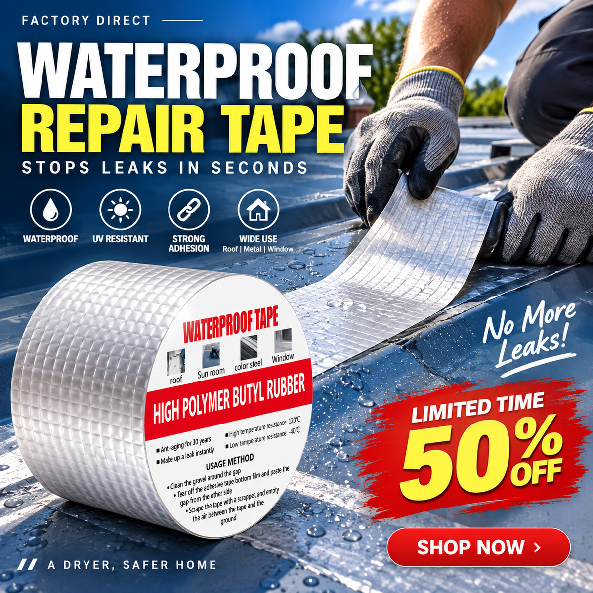 🛠️ Nastro Riparazione in Alluminio Alta Resistenza | Impermeabile e Anti-Perdite 💧 | Resiste a Calore, UV e Pioggia ☀️ | per Tetti, Tubature e Auto 🏠 | 4 Misure, 10 m 📏