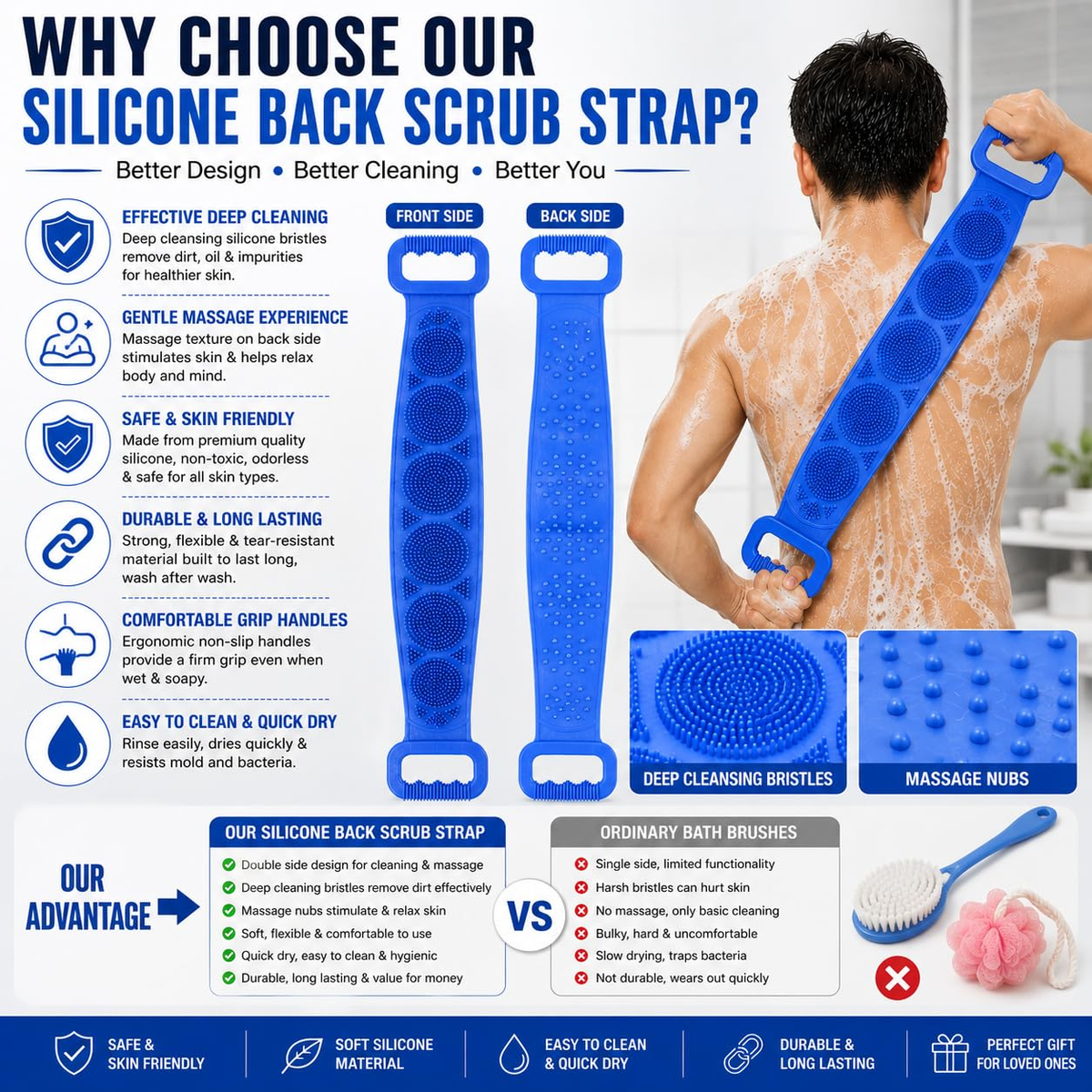 🧼Spazzola per lavare la schiena in silicone, doppio lato, esfoliante per il corpo con setole morbide in silicone