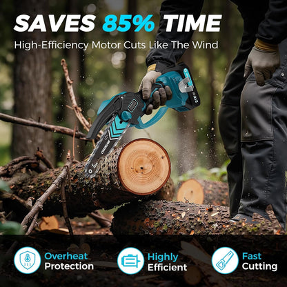 Mini Motosega a Batteria da 6 Pollici con Motore Brushless ✨⚡ - 2580W | 3500 giri/min | Lubrificazione Automatica | Barra in Acciaio al Tungsteno | 1 o 2 Batterie | 50% DI SCONTO