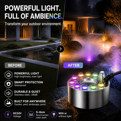 💨 ORA 50% DI SCONTO! ⚡ Macchina per nebbia a ultrasuoni con 12 LED – Produce nebbia fresca e luci colorate – Ideale per umidificatori, fontane o decorazioni di Halloween – Funziona silenziosamente sott'acqua 💧✨