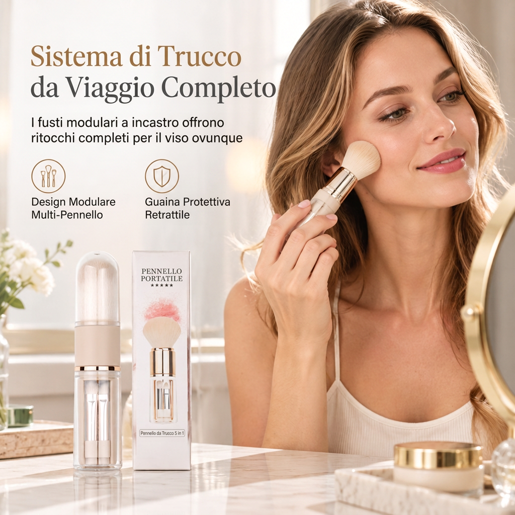 💄 Set Pennelli Trucco da Viaggio Retrattile 5 in 1 & 6 in 1 ✨ | Capsula Antipolvere con Pennello Cipria, Fard & Occhi 👝 | Setole Morbide ad Incastro per Borsa e Ritocchi 🌸
