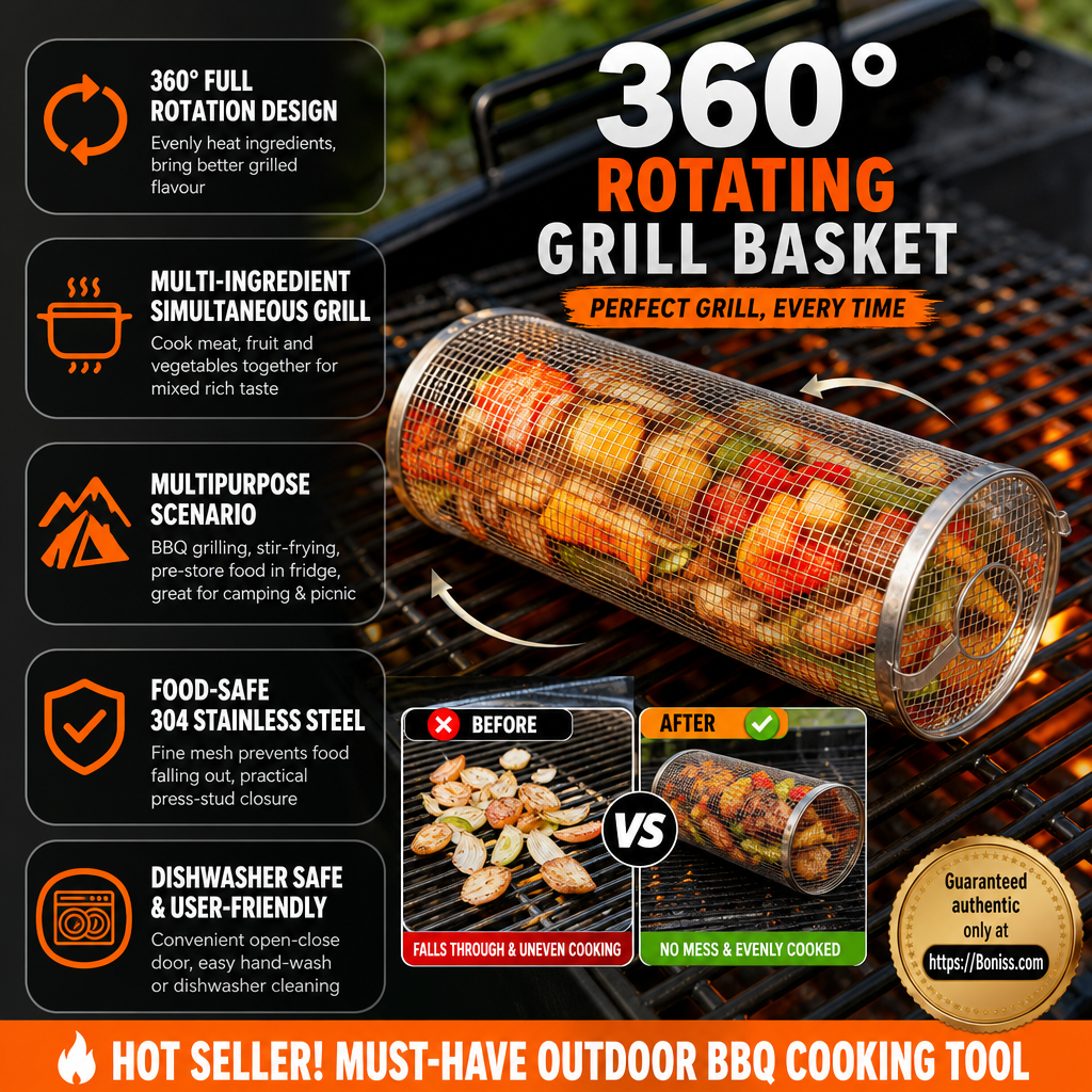 🔥🍖 Offerta BBQ a tempo limitato – Cestello per grigliatura rotante a 360° | Cestello per girarrosto antiaderente per carne, verdure e molto altro