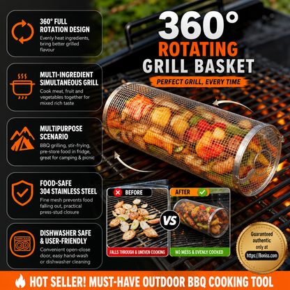 🔥🍖 Offerta BBQ a tempo limitato – Cestello per grigliatura rotante a 360° | Cestello per girarrosto antiaderente per carne, verdure e molto altro