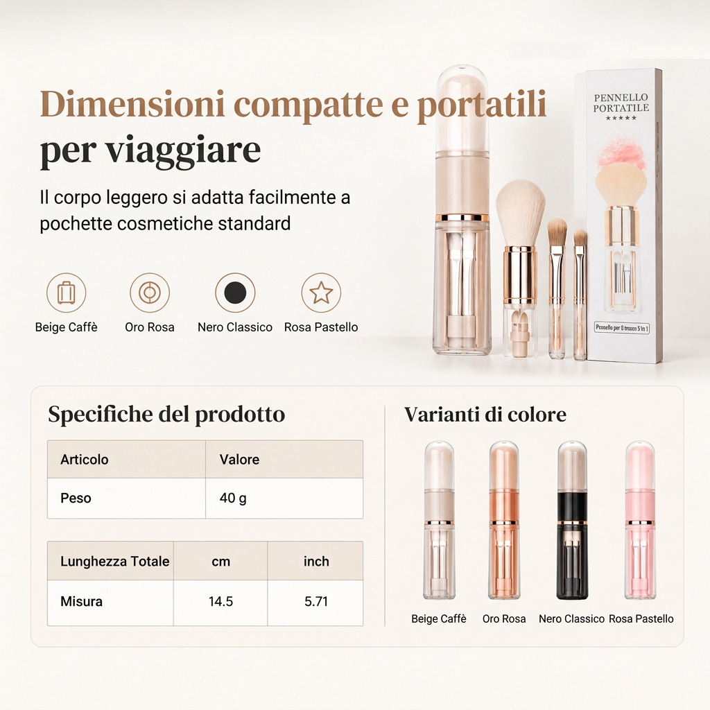 💄 Set Pennelli Trucco da Viaggio Retrattile 5 in 1 & 6 in 1 ✨ | Capsula Antipolvere con Pennello Cipria, Fard & Occhi 👝 | Setole Morbide ad Incastro per Borsa e Ritocchi 🌸