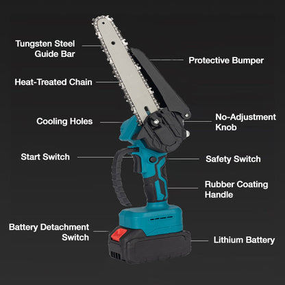 Mini Motosega a Batteria da 6 Pollici con Motore Brushless ✨⚡ - 2580W | 3500 giri/min | Lubrificazione Automatica | Barra in Acciaio al Tungsteno | 1 o 2 Batterie | 50% DI SCONTO