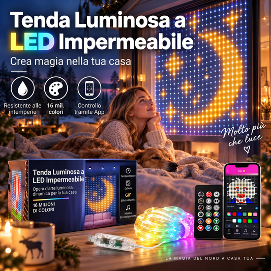 💡 Tenda Luminosa LED Smart con Sincro Musica 🎵 | Disegni, GIF e Testo Personalizzabili via App 📱 | Impermeabile per Casa, Feste e Natale ✨ | Alimentazione USB, 3 Misure 📏