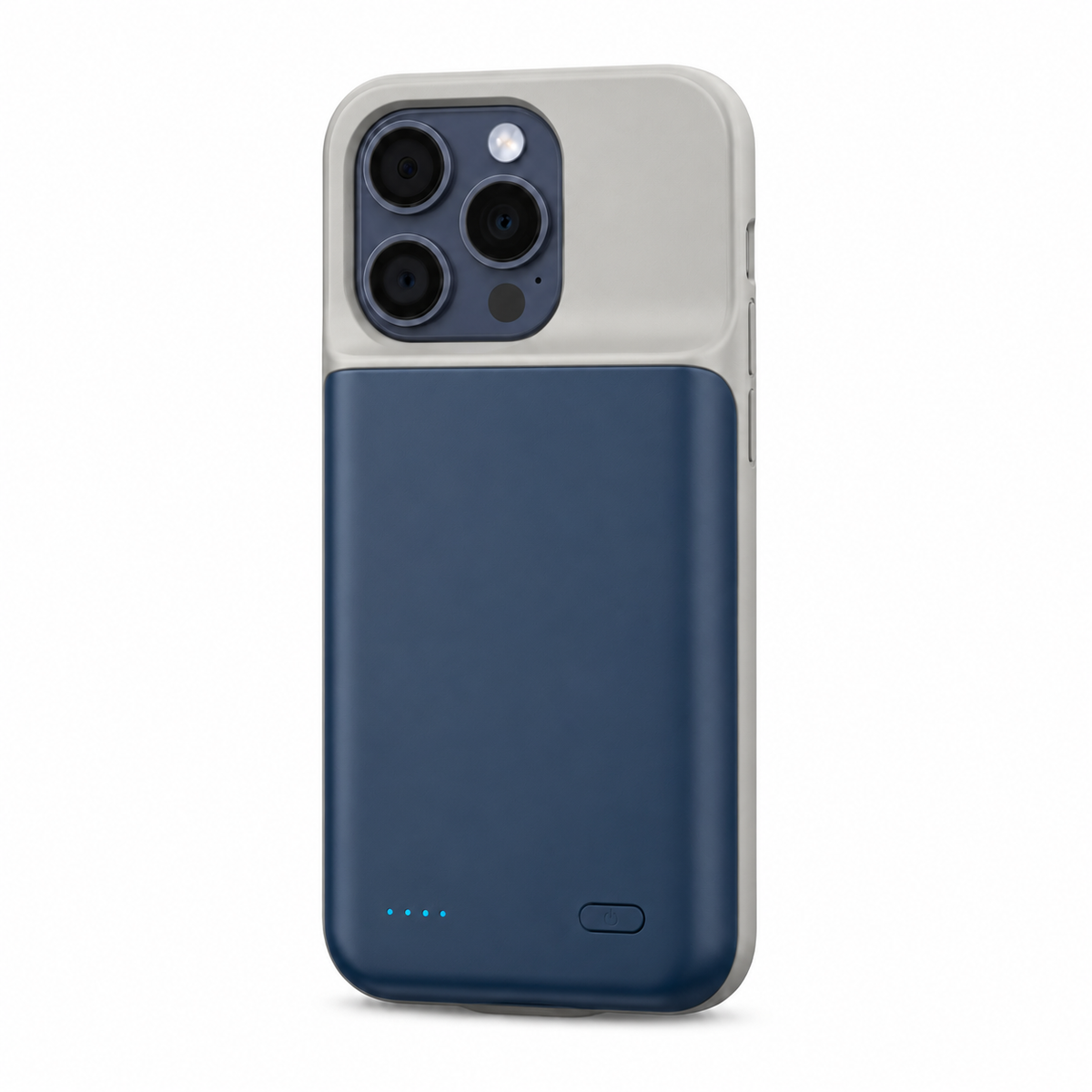 Blue battery case with light gray upper section on a white background. Phone not included.