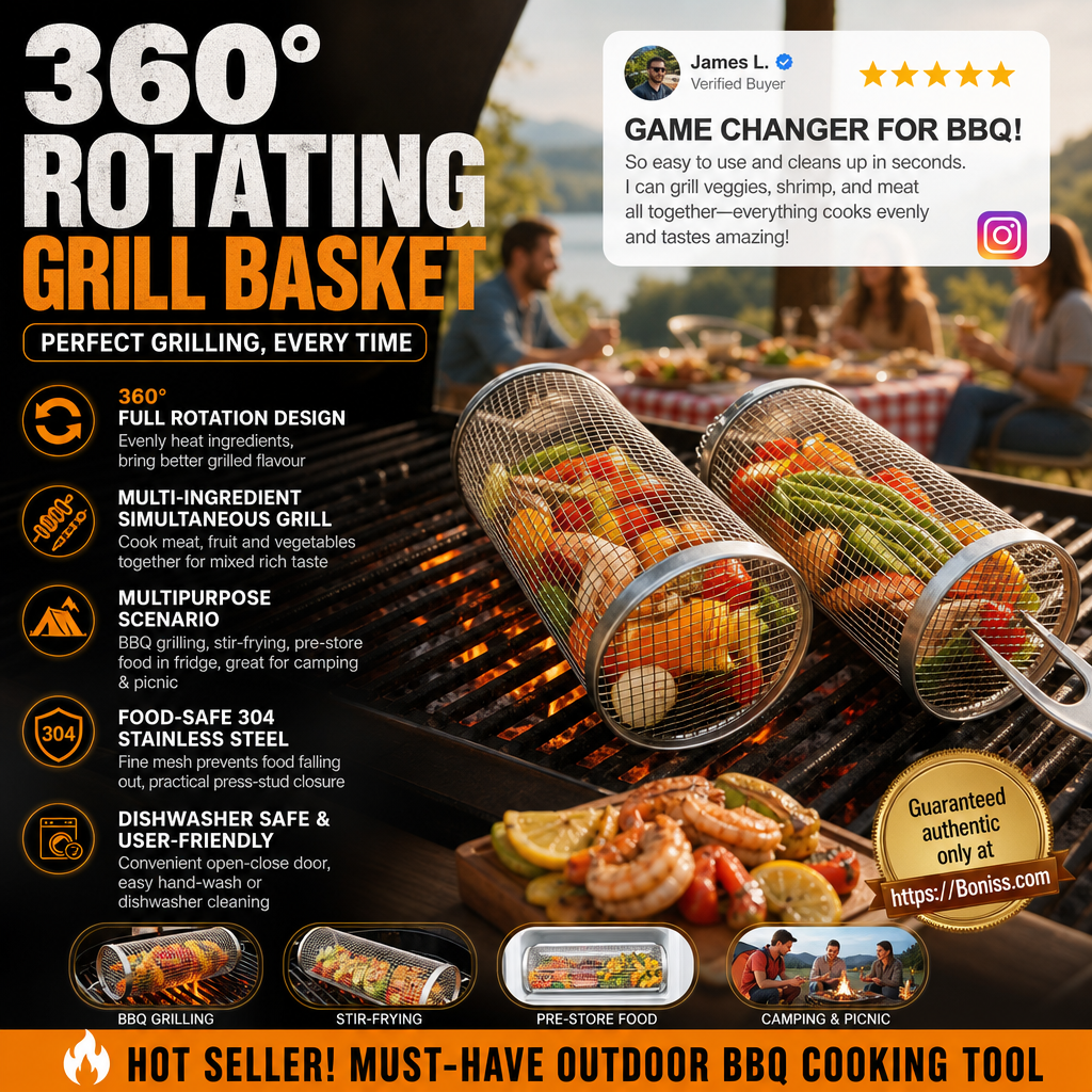 🔥🍖 Offerta BBQ a tempo limitato – Cestello per grigliatura rotante a 360° | Cestello per girarrosto antiaderente per carne, verdure e molto altro