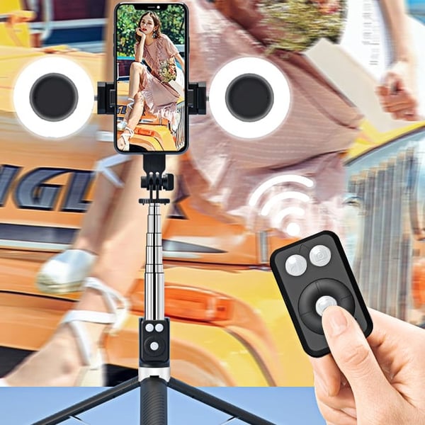 📸🔥Bastone Selfie con Treppiede – Auto-Tracking del Soggetto, Telecomando Bluetooth, Luce LED – Compatibile con Smartphone e Action Cam