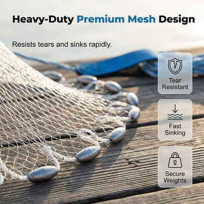 🎣🌊 Rete da Lancio Easy-Throw in Monofilamento di Nylon – Piombini Metallici, Cinturino da Polso, Ø300cm o 360cm – Per Laghi, Fiumi & Zone Costiere ✨🐟