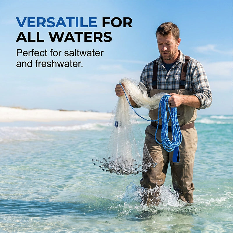 🎣🌊 Rete da Lancio Easy-Throw in Monofilamento di Nylon – Piombini Metallici, Cinturino da Polso, Ø300cm o 360cm – Per Laghi, Fiumi & Zone Costiere ✨🐟