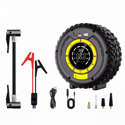 🔋✨ Avviatore di Emergenza 2 in 1 + Gonfiatore per Pneumatici – Batteria 8000mAh, Stop Automatico, LED Multi-Modalità, Compressore Portatile – Per Auto & Moto 🚗⚡