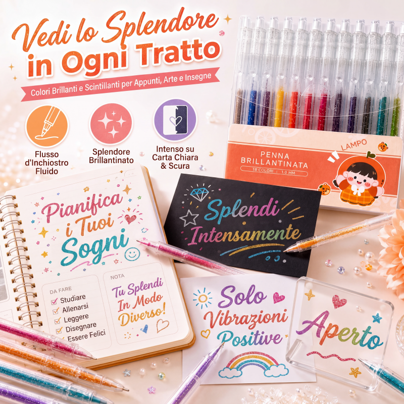 🎨 Set penne glitter ad asciugatura rapida – Ideali per biglietti, planner e scrapbook | Inchiostro brillante valido su carta chiara e scura ✨