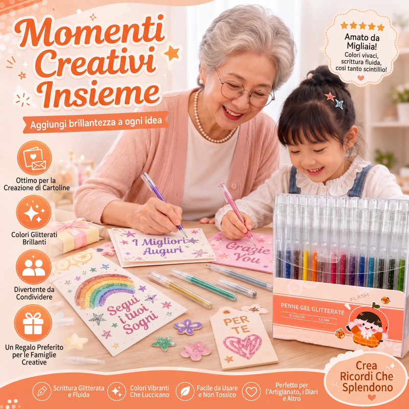 🎨 Set penne glitter ad asciugatura rapida – Ideali per biglietti, planner e scrapbook | Inchiostro brillante valido su carta chiara e scura ✨
