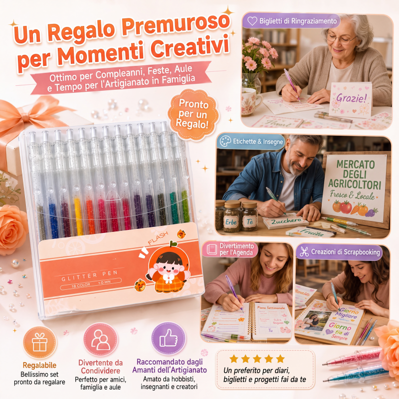 🎨 Set penne glitter ad asciugatura rapida – Ideali per biglietti, planner e scrapbook | Inchiostro brillante valido su carta chiara e scura ✨