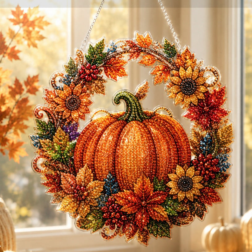 🍂 Corona autunnale di zucche con motivo a rombo da appendere – Kit DIY completo