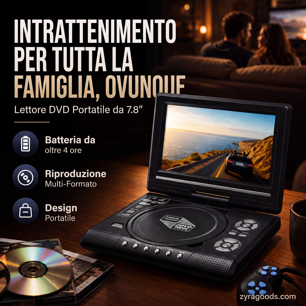 📺 Lettore DVD/EVD portatile HD da 7,8" – Schermo ampio, ricaricabile e compatibile con DVD/CD/USB/SD – Perfetto per casa e viaggi