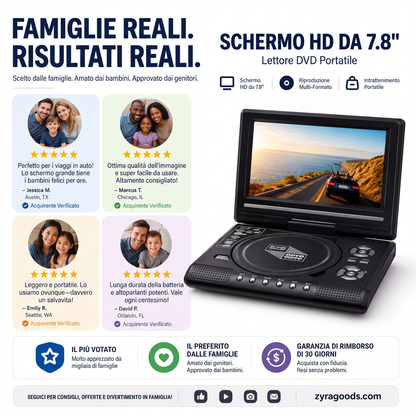 📺 Lettore DVD/EVD portatile HD da 7,8" – Schermo ampio, ricaricabile e compatibile con DVD/CD/USB/SD – Perfetto per casa e viaggi