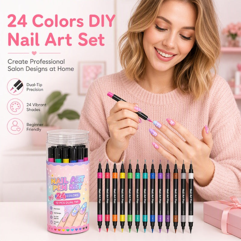 💅 OFFERTA LIMITATA 50% DI SCONTO! 💥 Set di penne per nail art a doppia punta, 24 colori – Creative, qualità da salone, fai da te semplice ✨