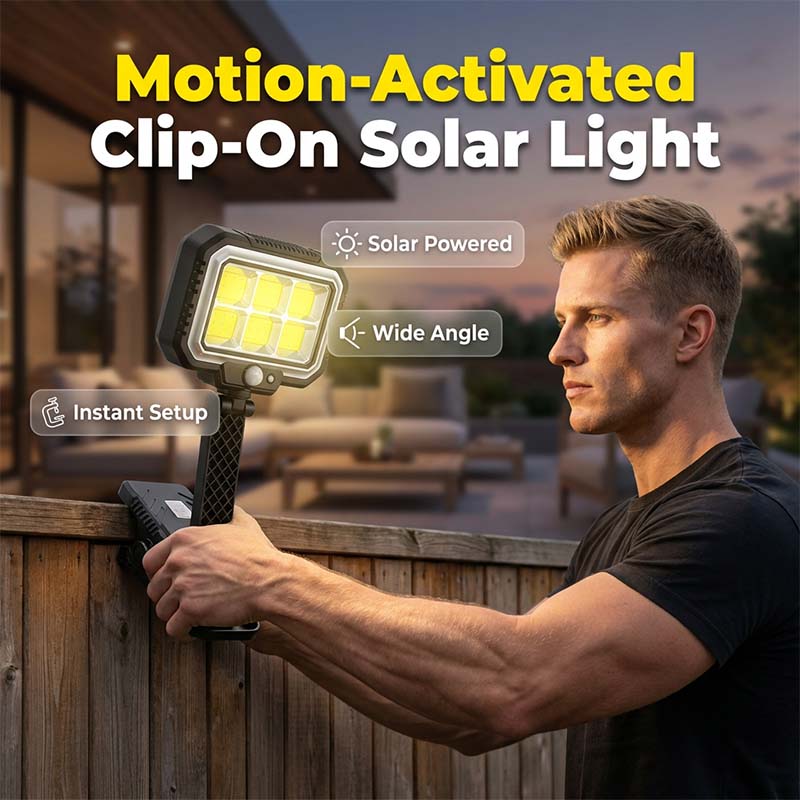 Lampada solare con sensore di movimento e fissaggio a pinza