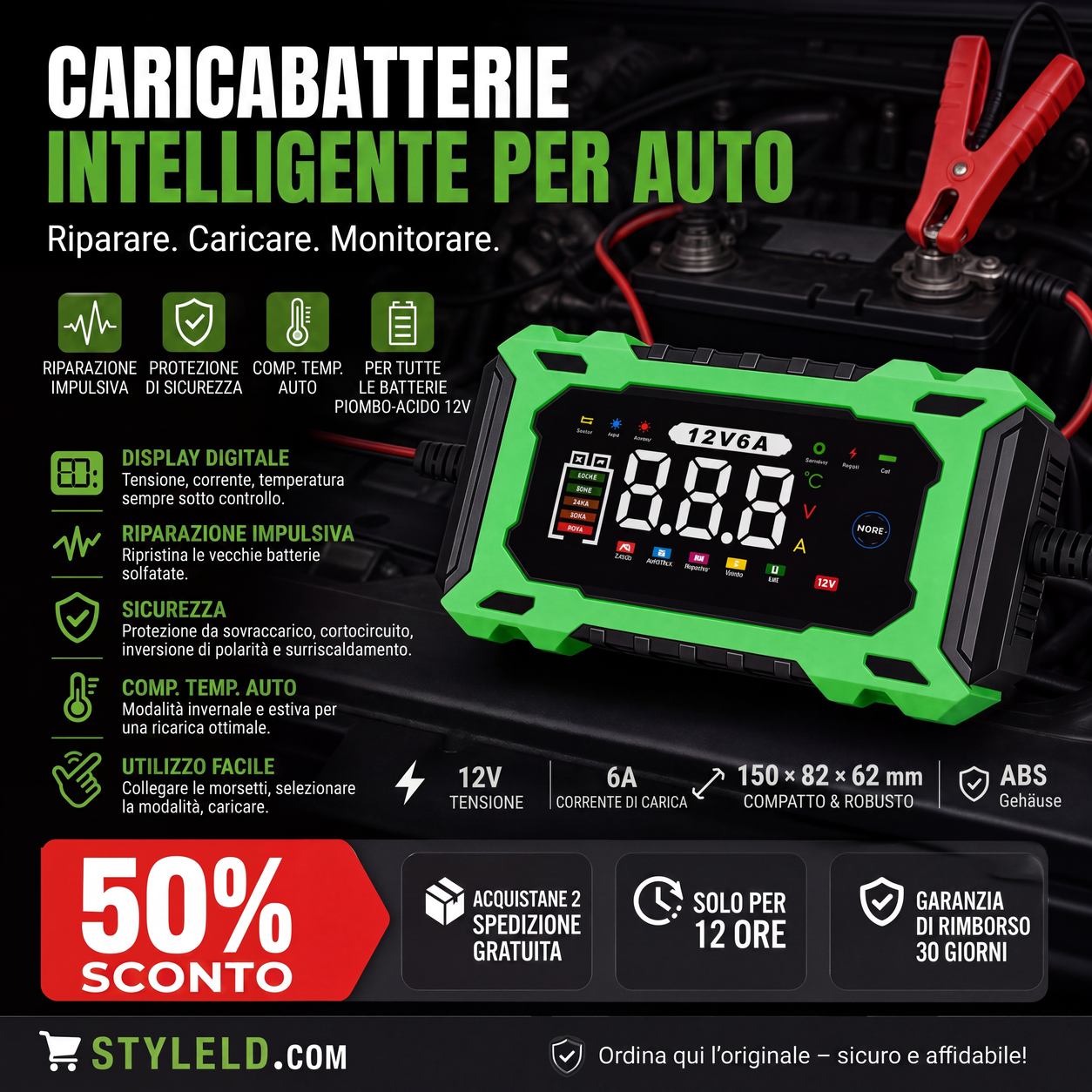 🔥Offerta a tempo limitato - Caricabatteria auto intelligente da 12V, 6A con funzione di riparazione a impulsi