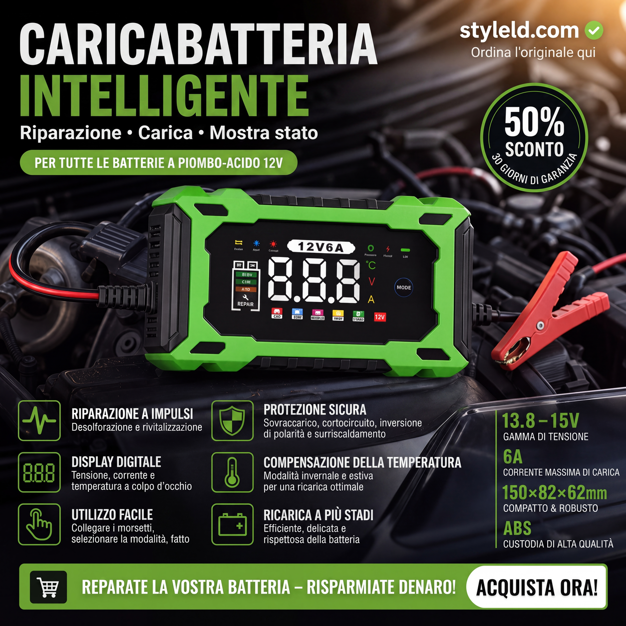 🔥Offerta a tempo limitato - Caricabatteria auto intelligente da 12V, 6A con funzione di riparazione a impulsi