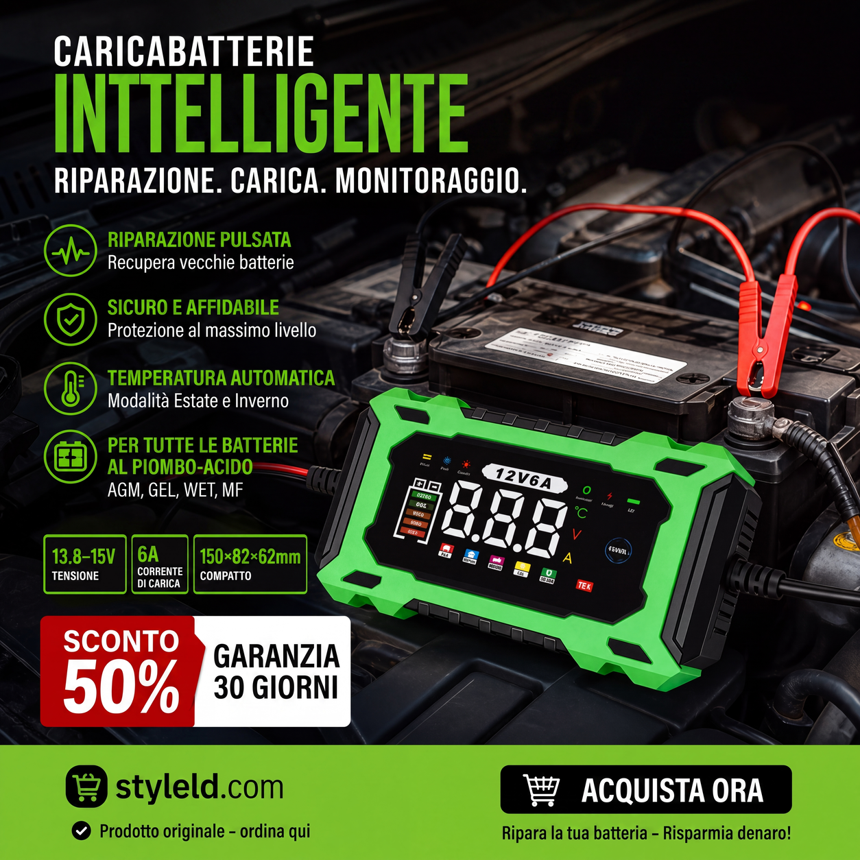 🔥Offerta a tempo limitato - Caricabatteria auto intelligente da 12V, 6A con funzione di riparazione a impulsi