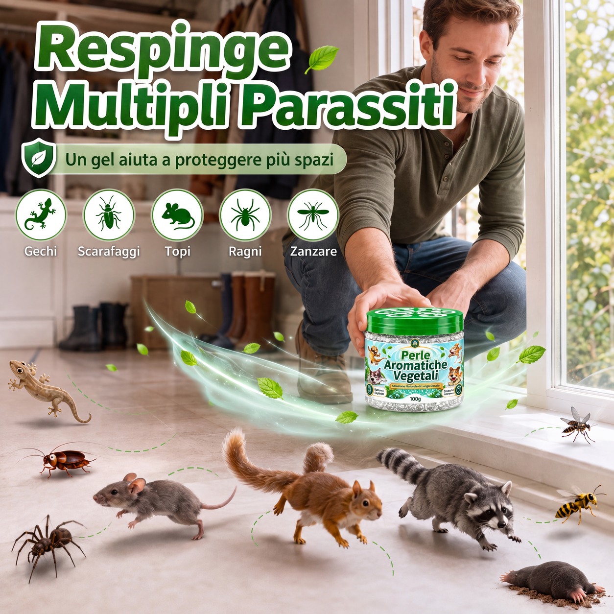 Perle in gel repellente per gechi a base di piante naturali