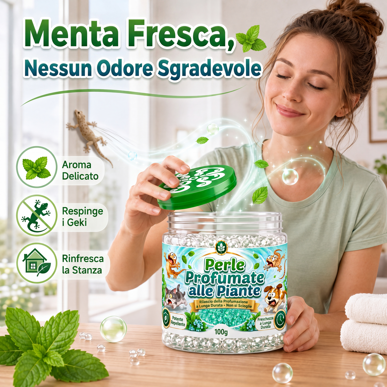 Perle in gel repellente per gechi a base di piante naturali