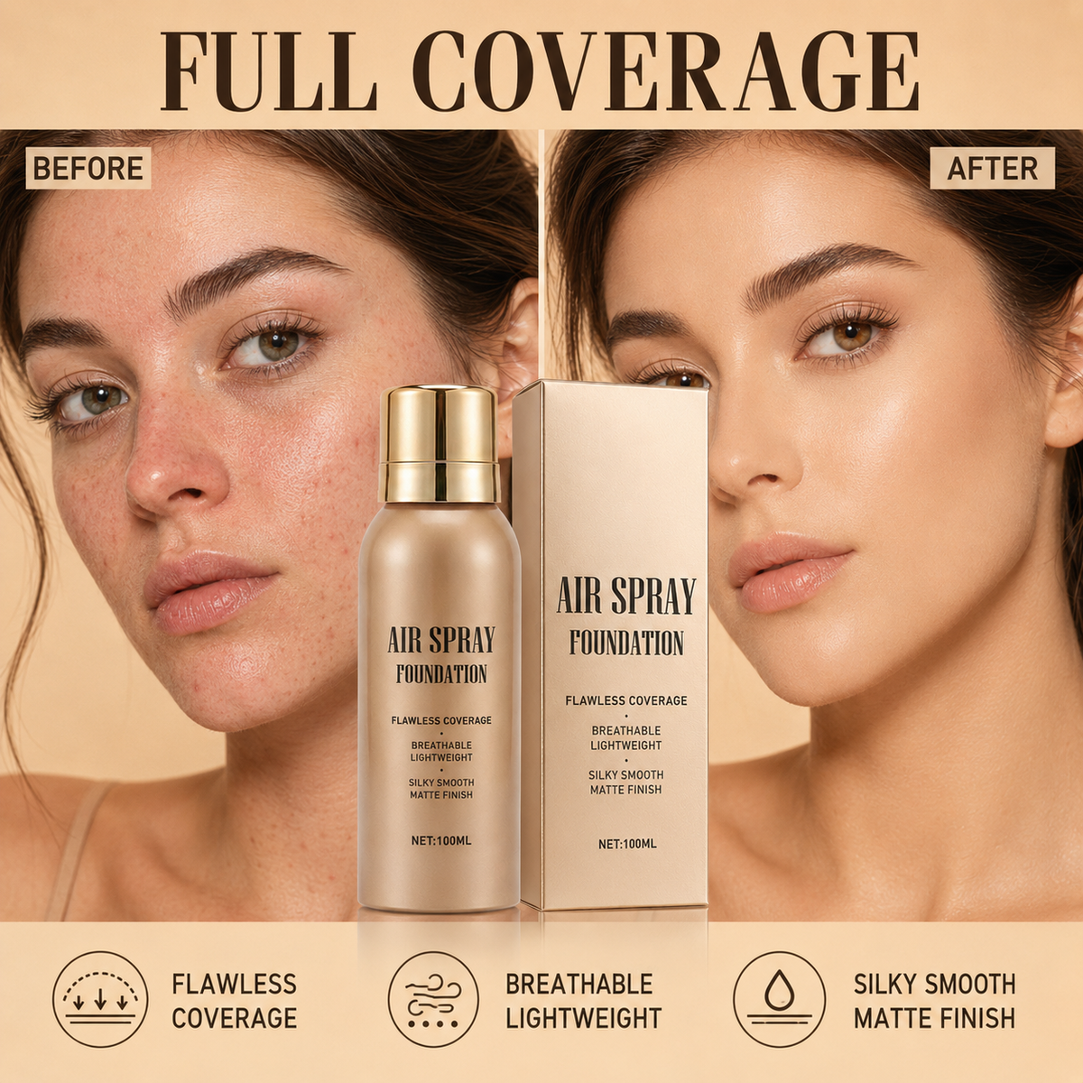 💦 Spray fondotinta aerografo impermeabile senza difetti｜Trucco aerografo lunga durata, anti‑sudore, coprenza modulabile ✨