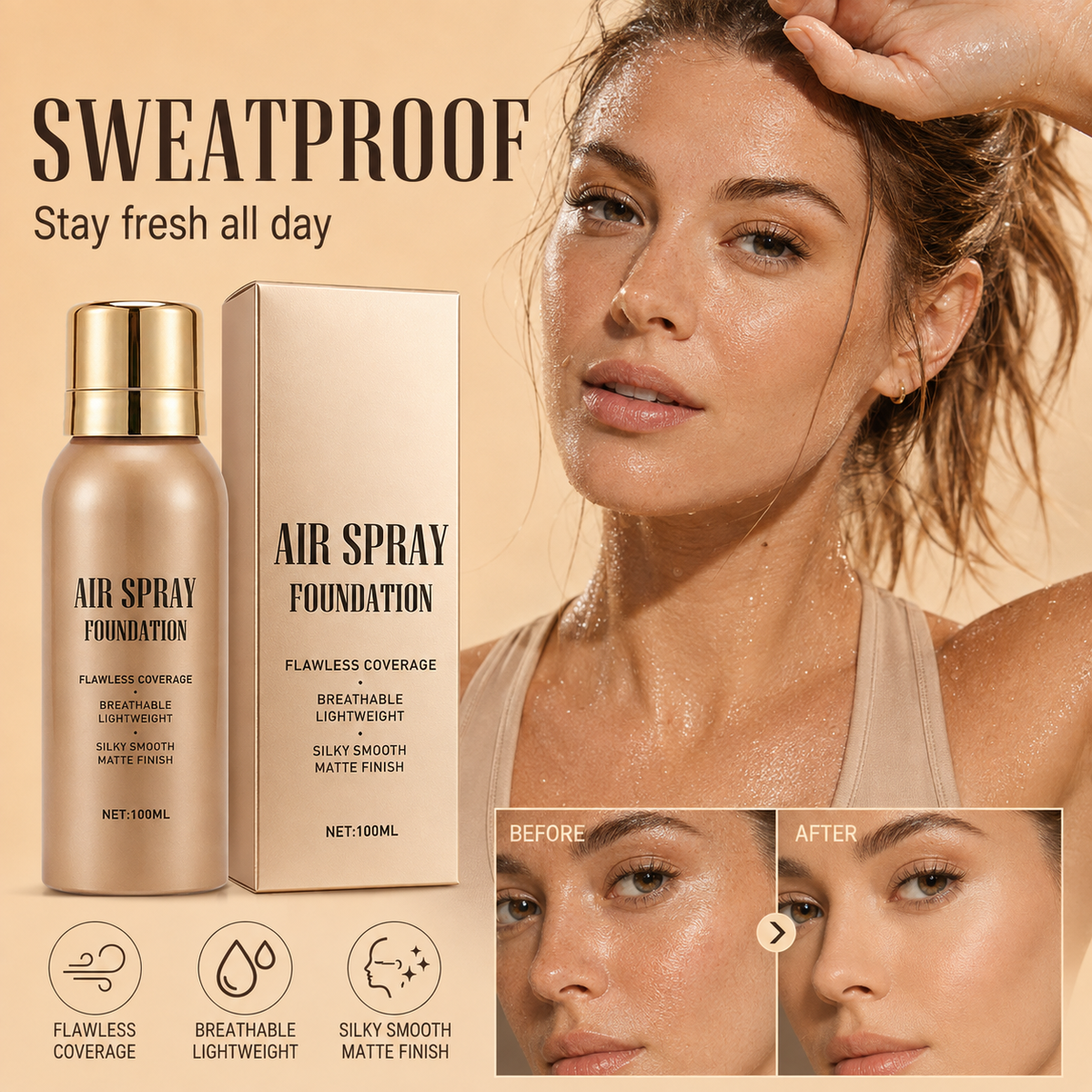 💦 Spray fondotinta aerografo impermeabile senza difetti｜Trucco aerografo lunga durata, anti‑sudore, coprenza modulabile ✨