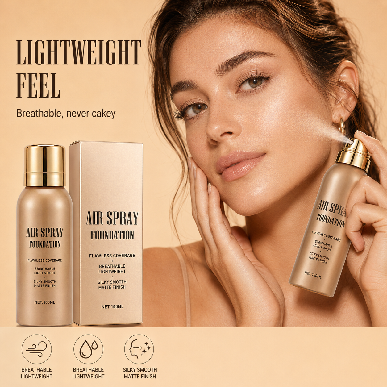 💦 Spray fondotinta aerografo impermeabile senza difetti｜Trucco aerografo lunga durata, anti‑sudore, coprenza modulabile ✨