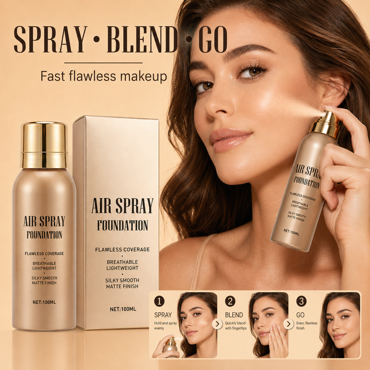 💦 Spray fondotinta aerografo impermeabile senza difetti｜Trucco aerografo lunga durata, anti‑sudore, coprenza modulabile ✨