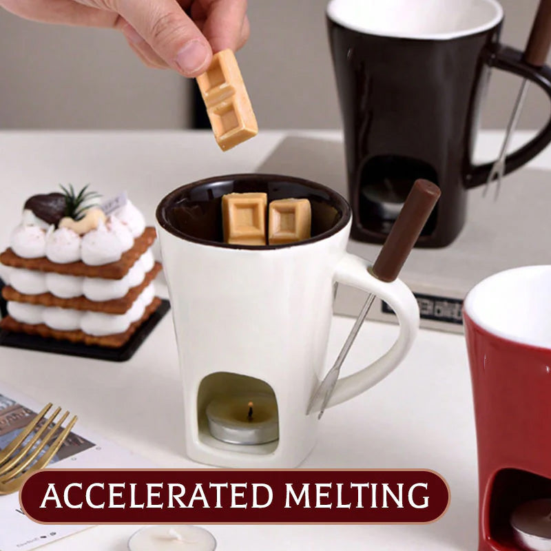 🍫 Tazza per Fonduta in Ceramica per Cioccolato e Formaggio con Scaldacandela e Forchettina✨