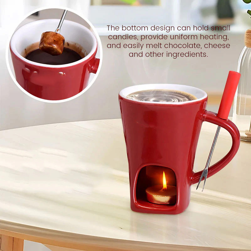 🍫 Tazza per Fonduta in Ceramica per Cioccolato e Formaggio con Scaldacandela e Forchettina✨