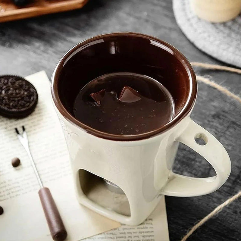 🍫 Tazza per Fonduta in Ceramica per Cioccolato e Formaggio con Scaldacandela e Forchettina✨
