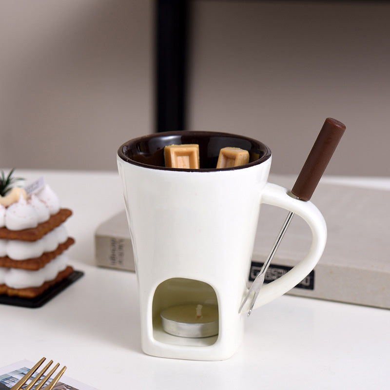 🍫 Tazza per Fonduta in Ceramica per Cioccolato e Formaggio con Scaldacandela e Forchettina✨