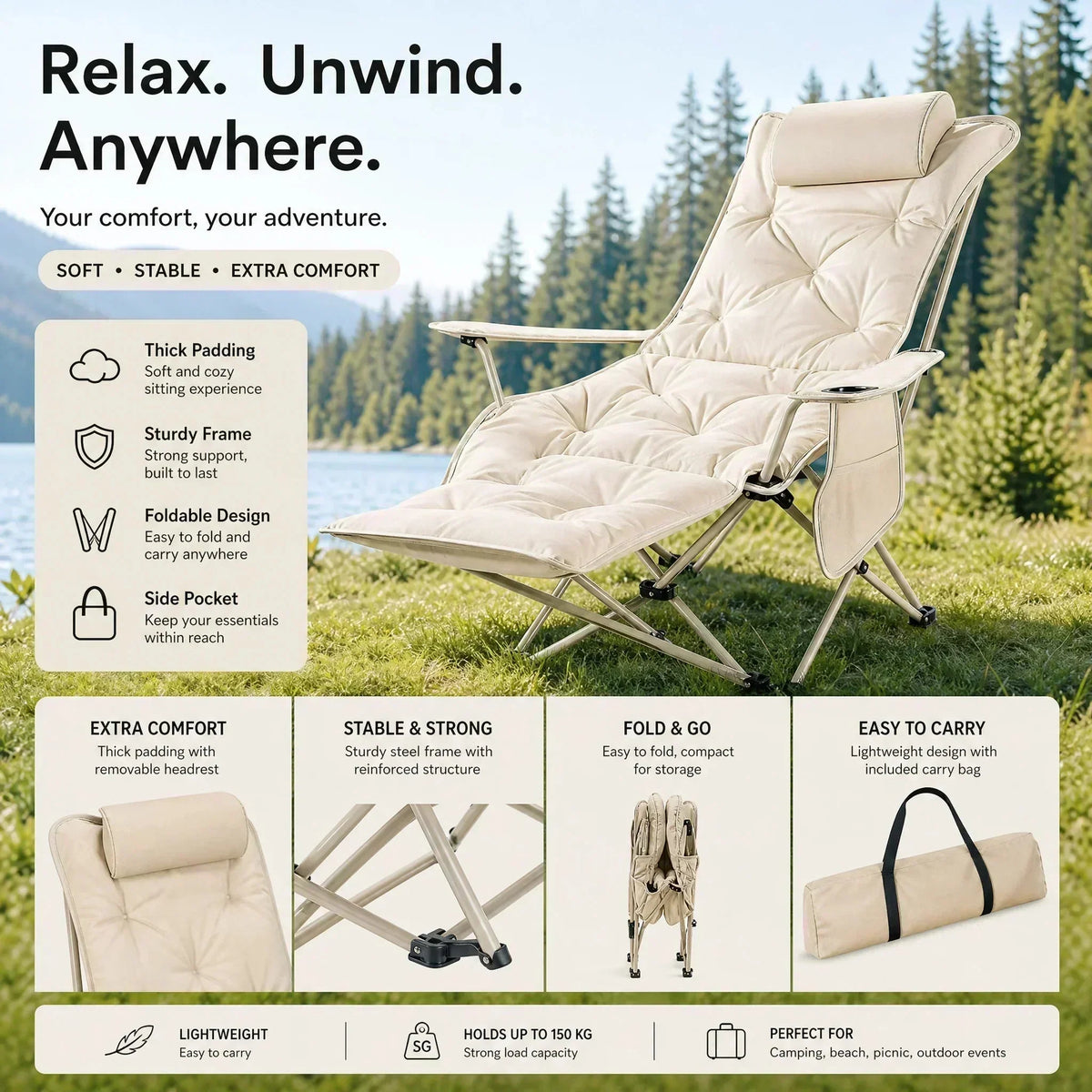 ✨🏖️ Dal mare al campeggio: questa sdraio da esterno regolabile in 4 posizioni con poggiapiedi si adatta al tuo comfort. Struttura in acciaio robusta, tessuto traspirante e tracolla inclusa. 50% DI SCONTO!