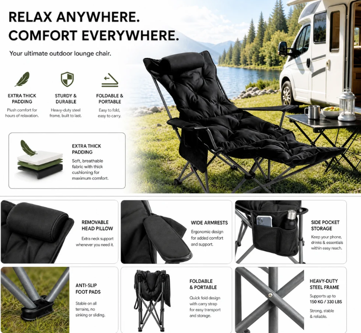 ✨🏖️ Dal mare al campeggio: questa sdraio da esterno regolabile in 4 posizioni con poggiapiedi si adatta al tuo comfort. Struttura in acciaio robusta, tessuto traspirante e tracolla inclusa. 50% DI SCONTO!