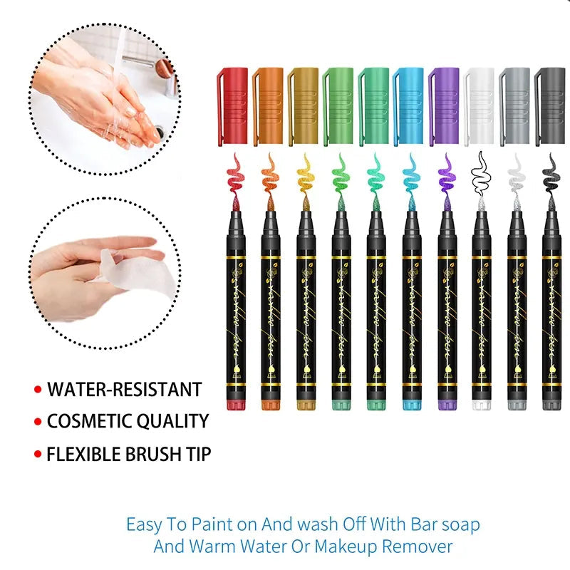 Pennarelli cosmetici per tatuaggi temporanei sulla pelle, 10/15 colori vivaci, punta a pennello flessibile, dettagli precisi, trucco viso per Halloween, atossici, per scrittura e cancelleria